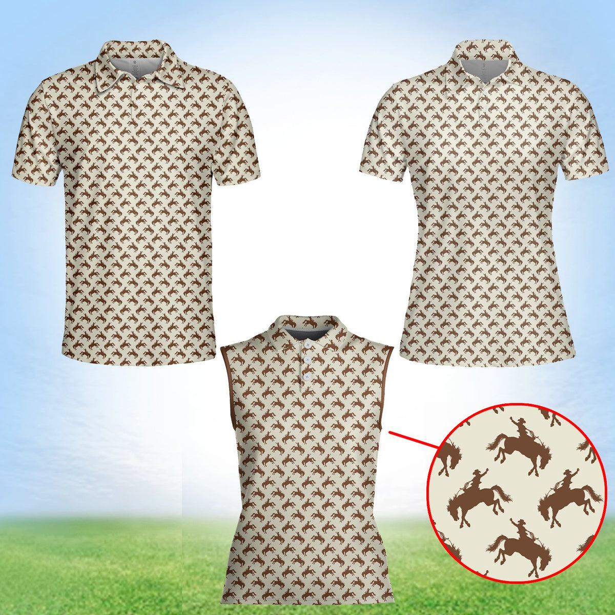 Beige polo limited-edition western shirt with brown bucking cowboy pattern, front angle view 4