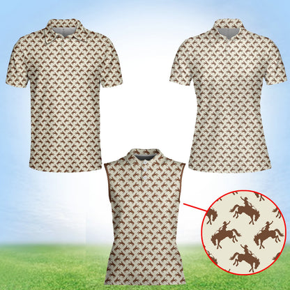 Beige polo limited-edition western shirt with brown bucking cowboy pattern, front angle view 4