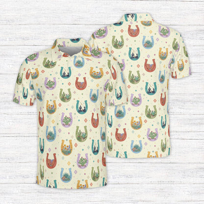 Polo western shirt featuring colorful horseshoes, beige front view