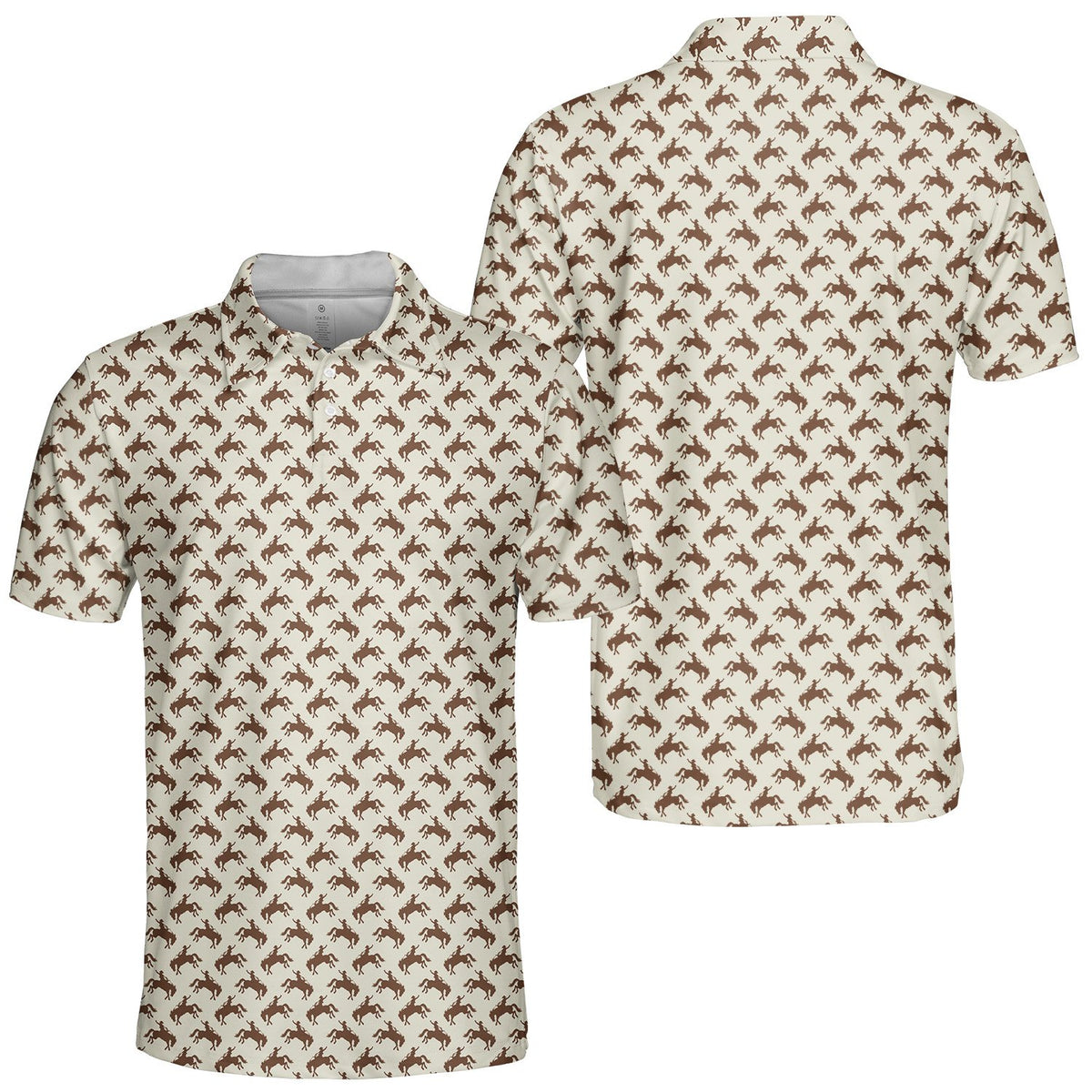 Beige polo limited-edition western shirt with brown bucking cowboy pattern, front angle view 5