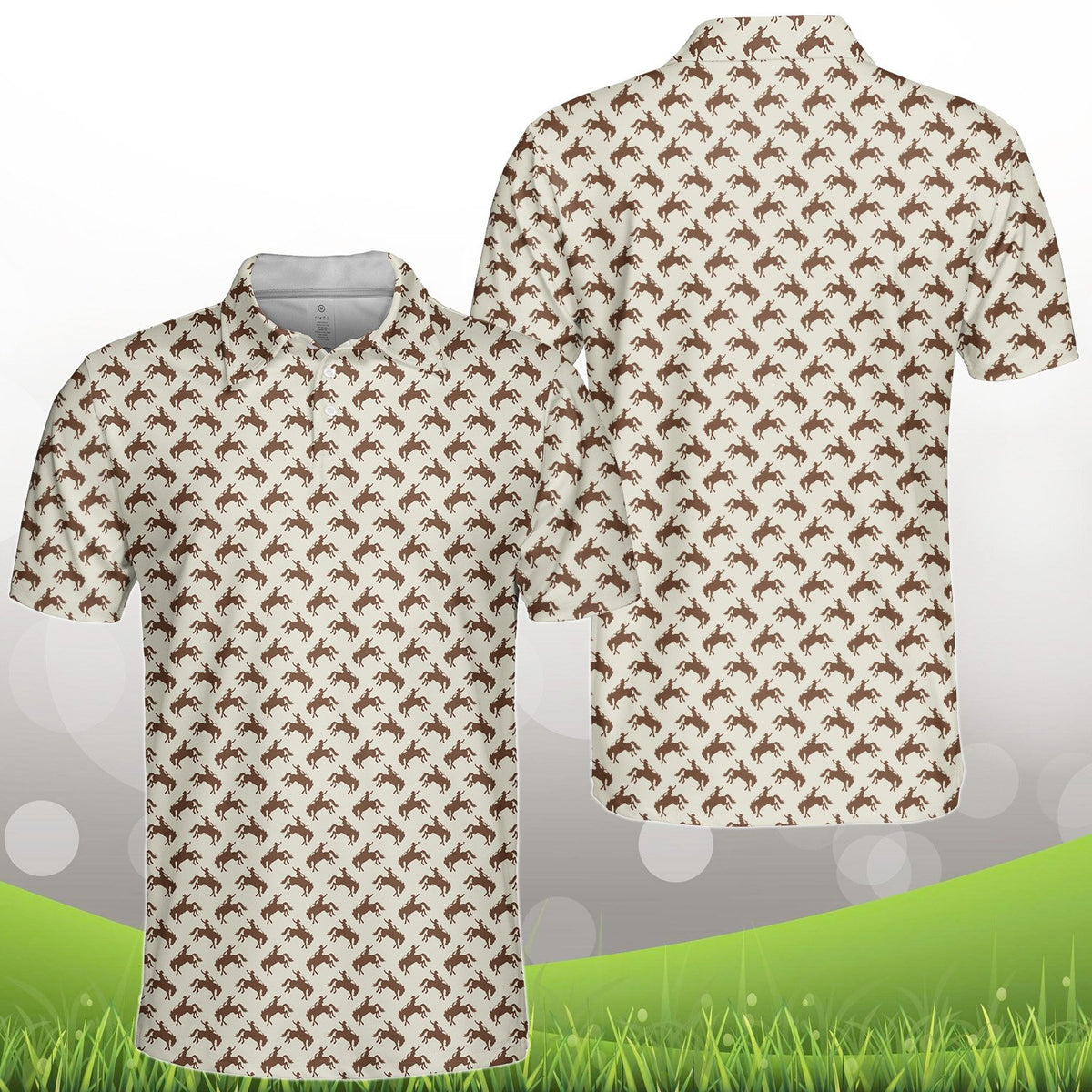Beige polo limited-edition western shirt with brown bucking cowboy pattern, front angle view 6