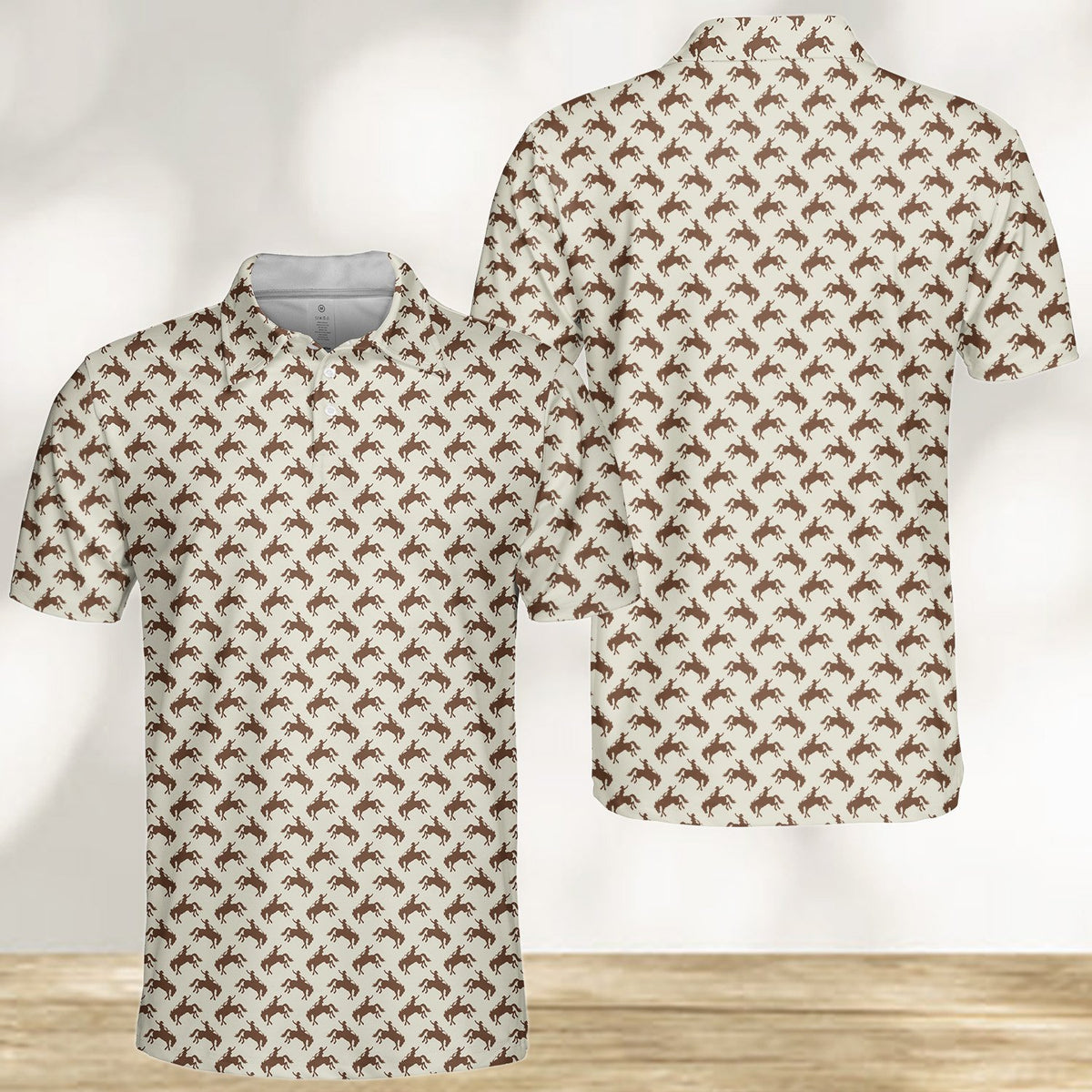 Beige polo limited-edition western shirt with brown bucking cowboy pattern, front angle view 7