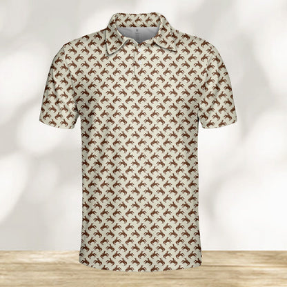 Beige polo limited-edition western shirt with brown bucking cowboy pattern, front angle view 8