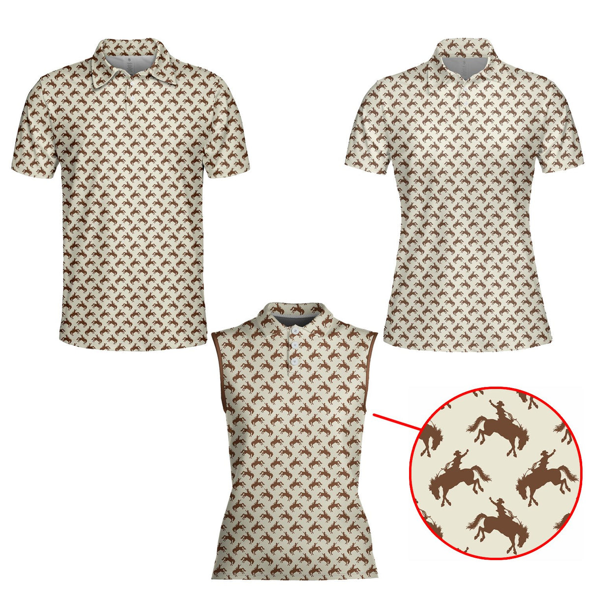 Beige polo limited-edition western shirt with brown bucking cowboy pattern, main view