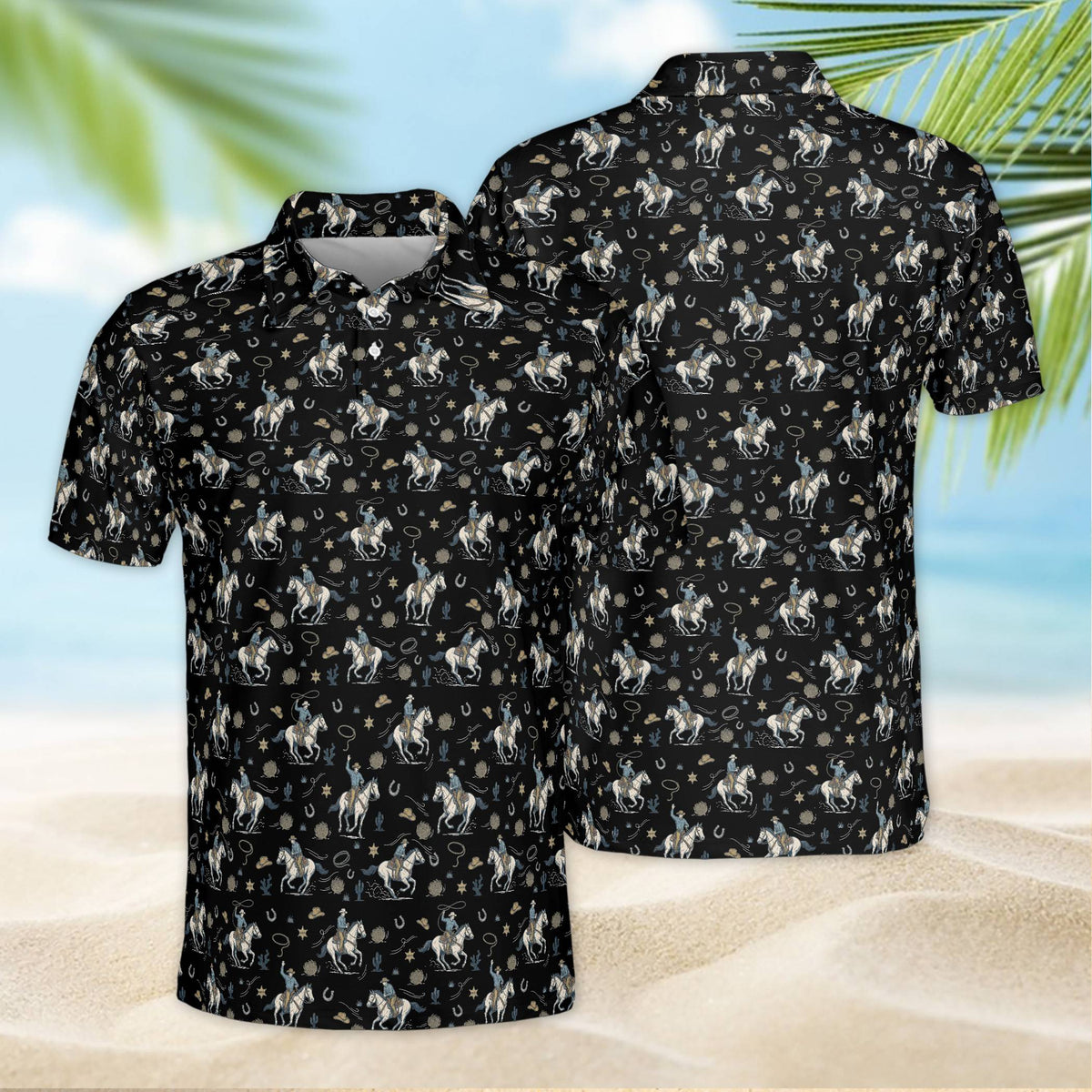 Black western polo shirt with frontier motifs, front view