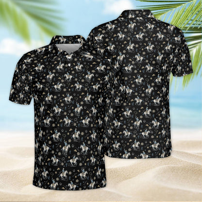 Black western polo shirt with frontier motifs, front view