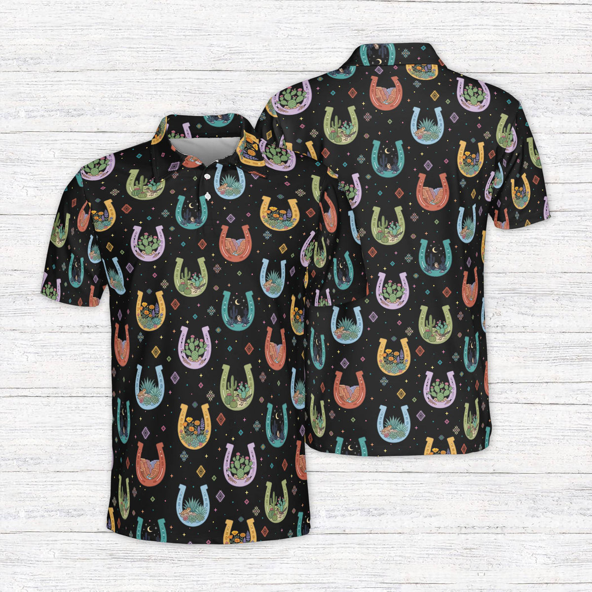Multicolor western polo shirt featuring colorful horseshoes, black front view
