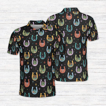 Multicolor western polo shirt featuring colorful horseshoes, black front view