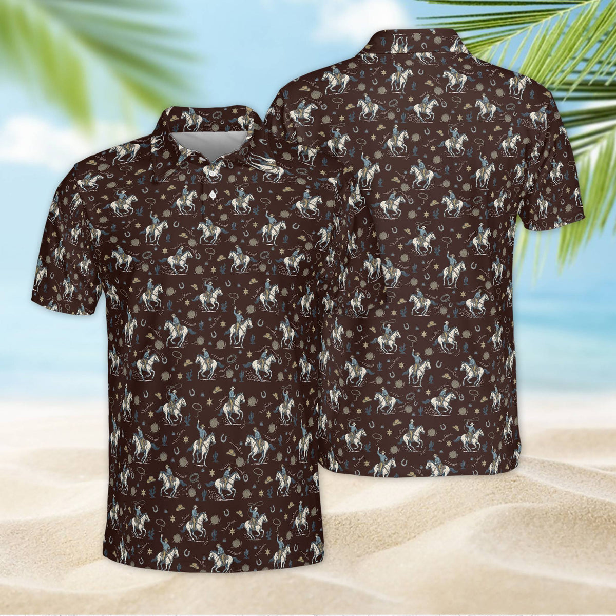 Brown western polo shirt with frontier motifs, front view