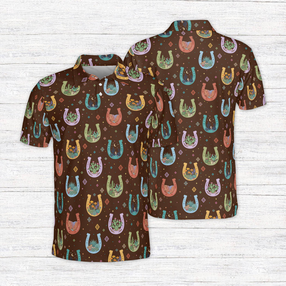 Multicolor western polo shirt featuring colorful horseshoes, brown front view