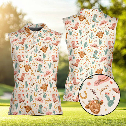 Beige polo limited edition western shirt with cowgirl pattern, front view
