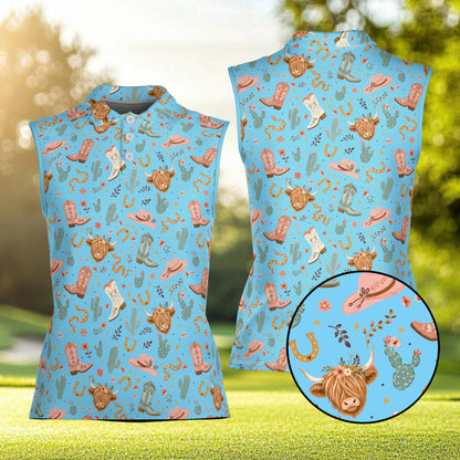 Blue cowgirl polo shirt with cacti and horseshoe print, front view