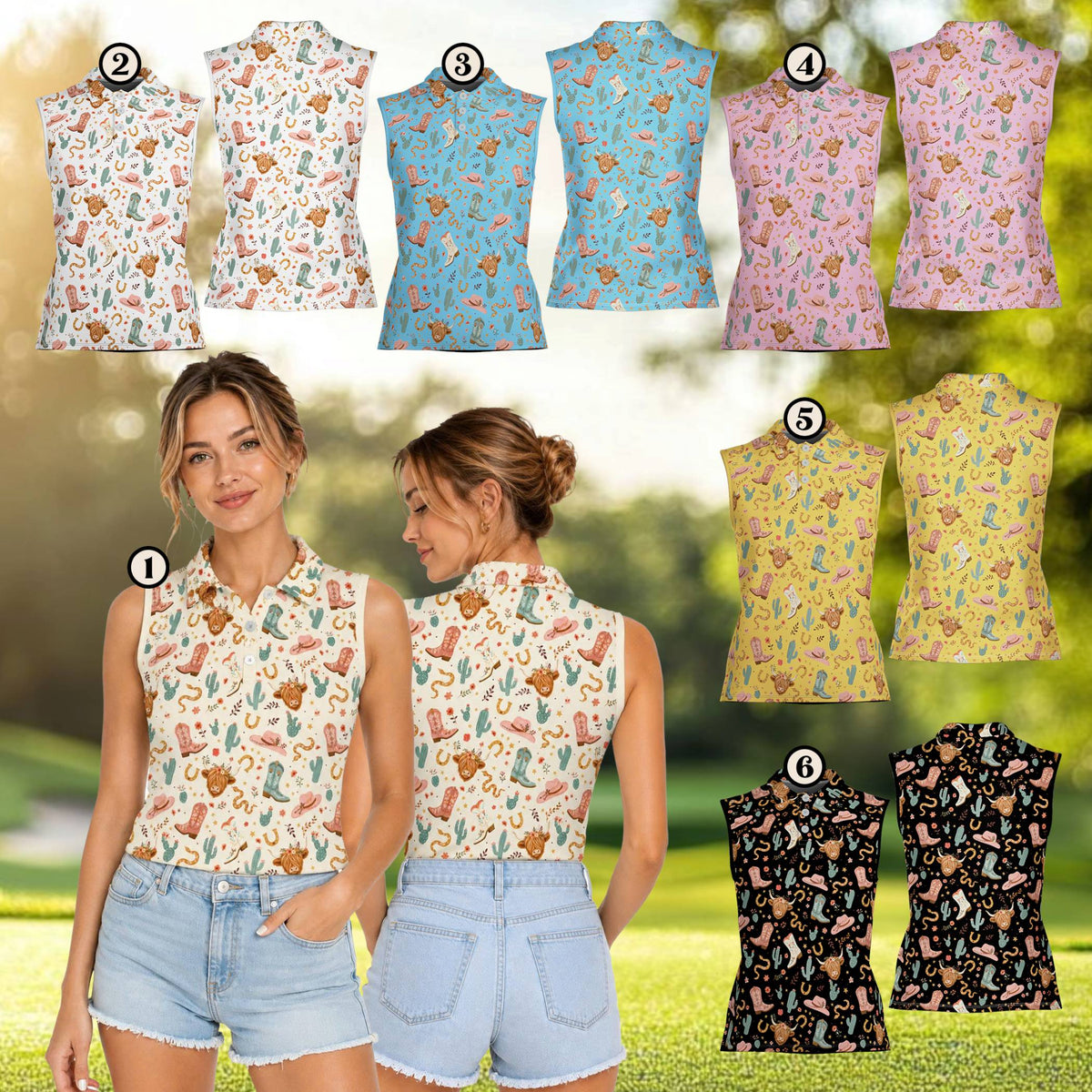 Lifestyle view of someone wearing the multicolor western cowgirl polo shirt