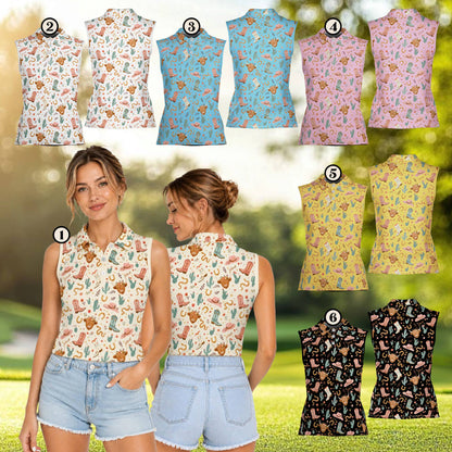 Lifestyle view of someone wearing the multicolor western cowgirl polo shirt