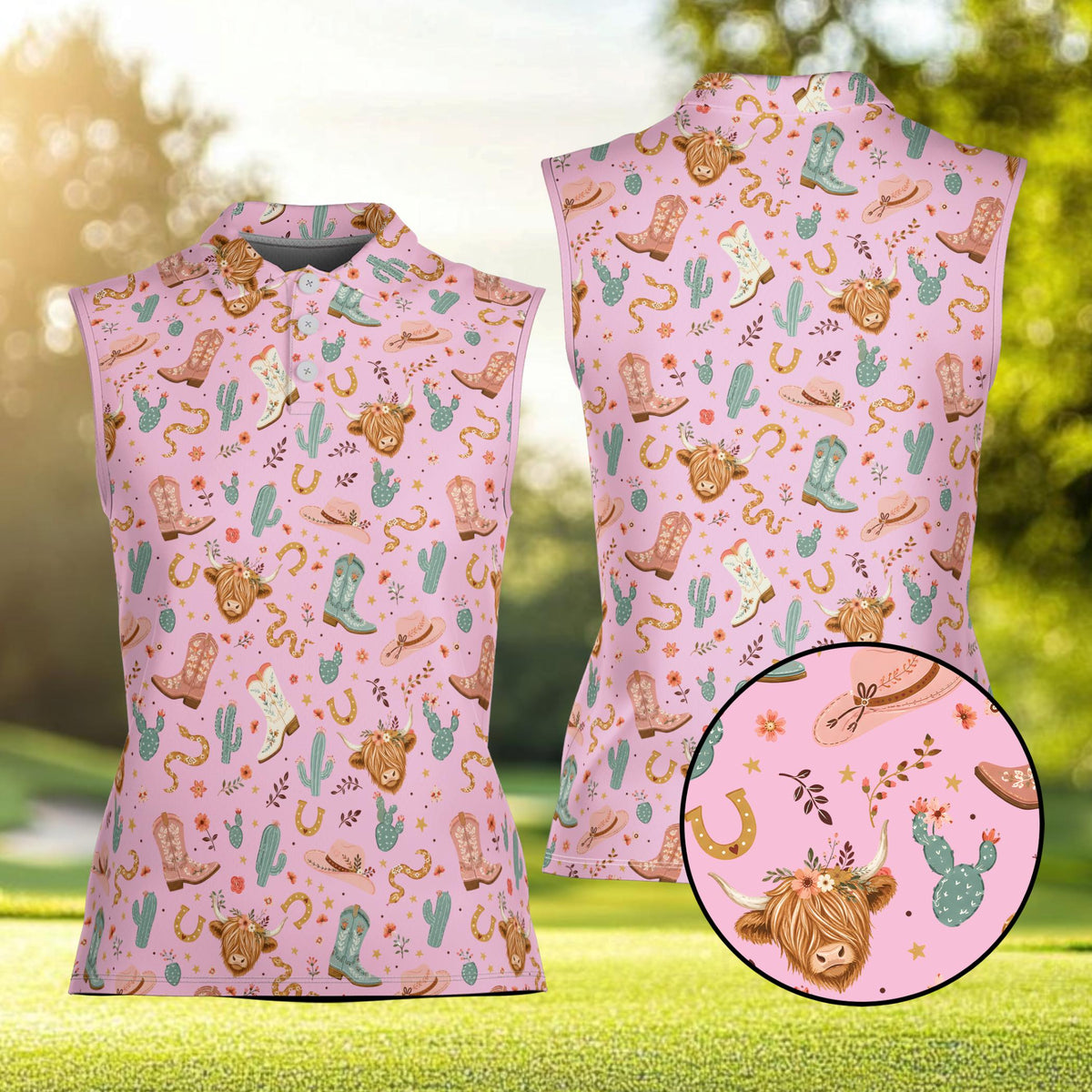 Pink western theme polo shirt with cute illustrative design, front view