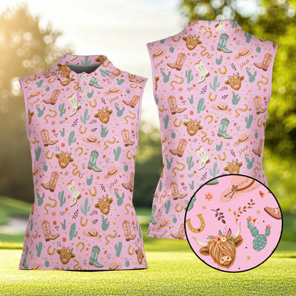 Pink western theme polo shirt with cute illustrative design, front view