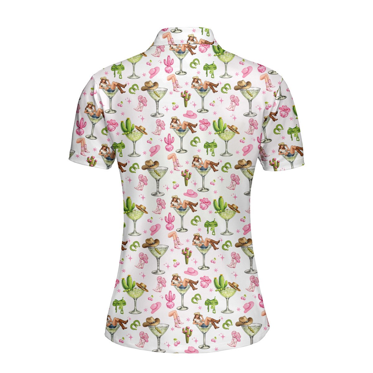 Back view of the playful western cowgirl polo shirt