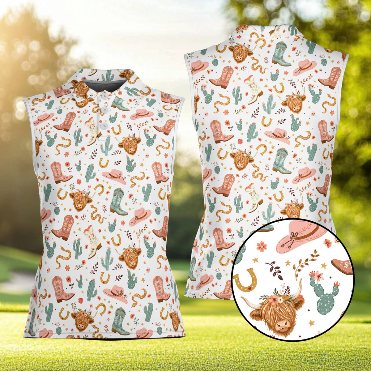 White western polo shirt featuring highland cows and cowboy boots, front view
