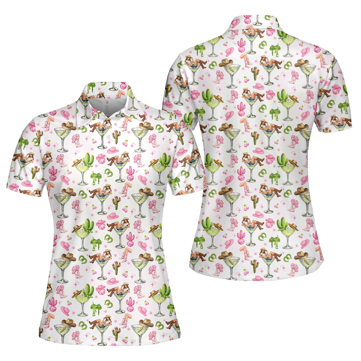 Western cowgirl polo shirt featuring a playful margarita and pink boots pattern, front view
