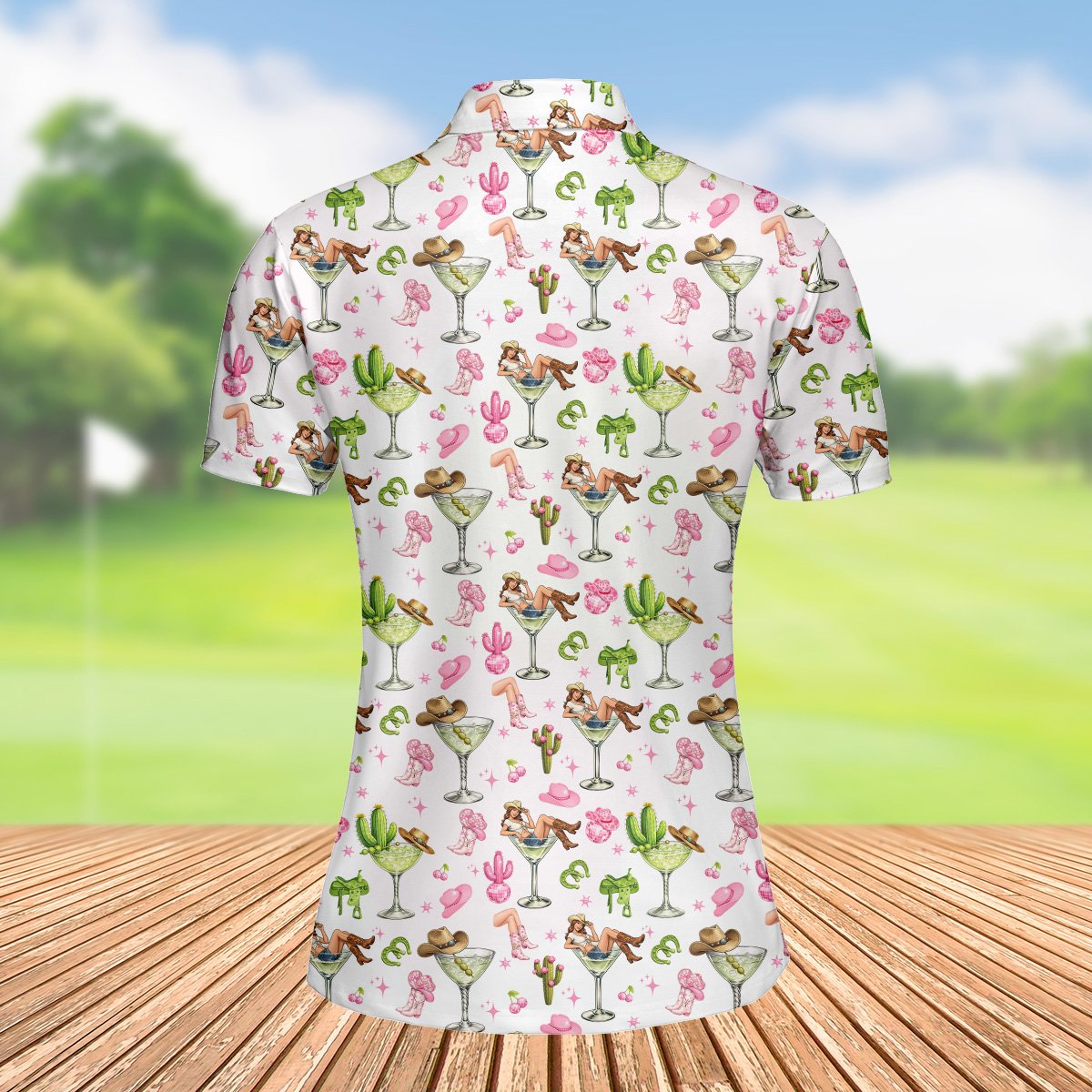 Second lifestyle view of the white cowgirl polo shirt in a casual setting