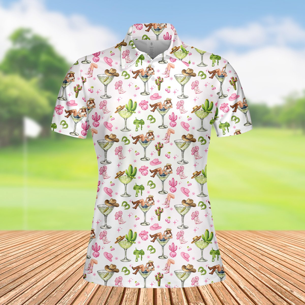 Third lifestyle view showing the fun margarita pattern on the polo shirt