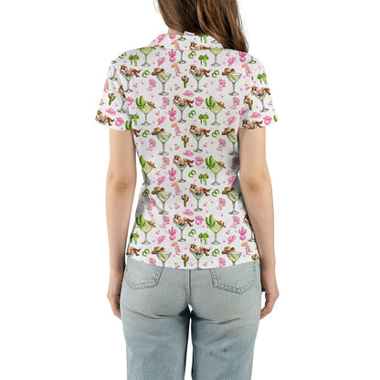 Fourth lifestyle view highlighting the vibrant pink and green details of the western top