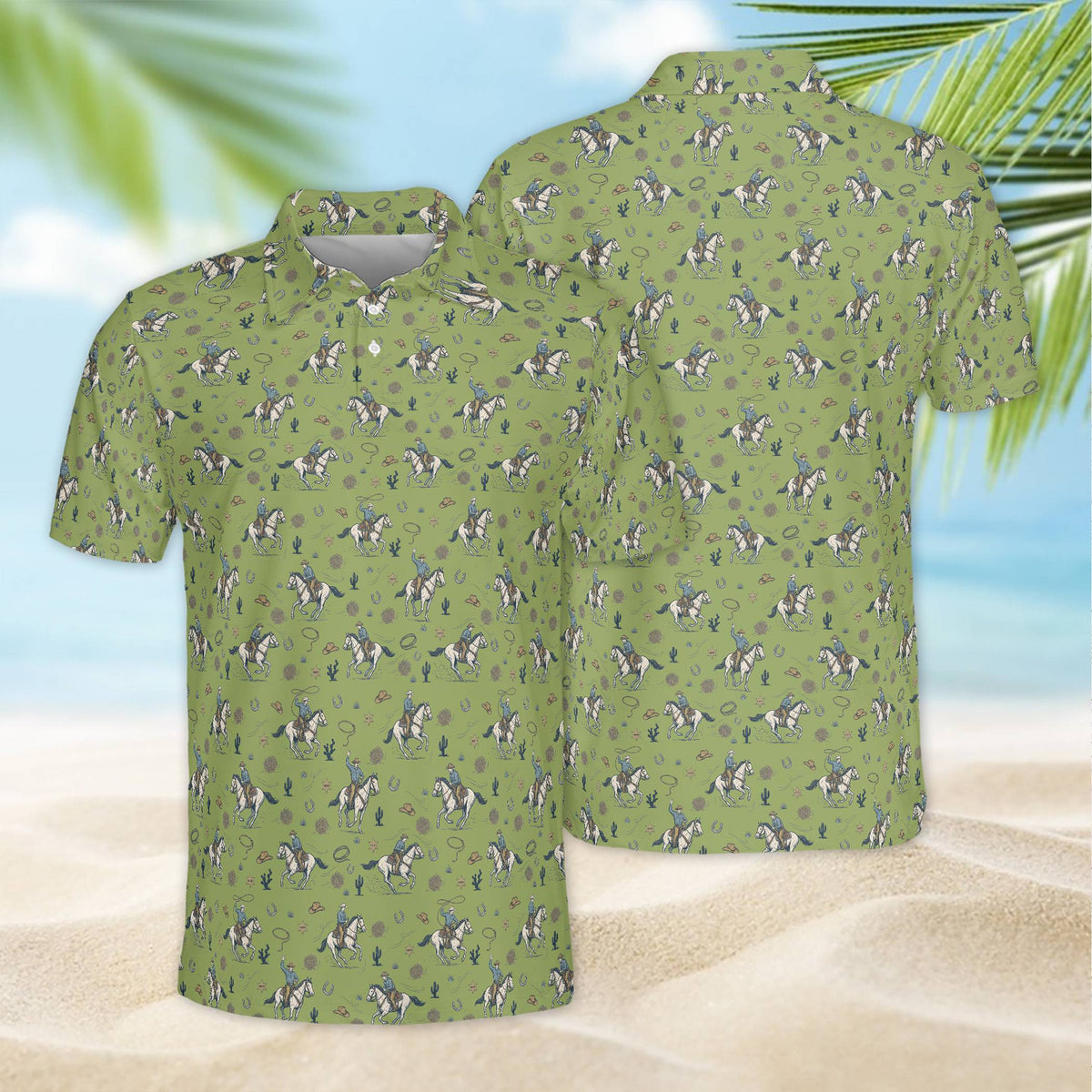 Green western polo shirt with frontier motifs, front view
