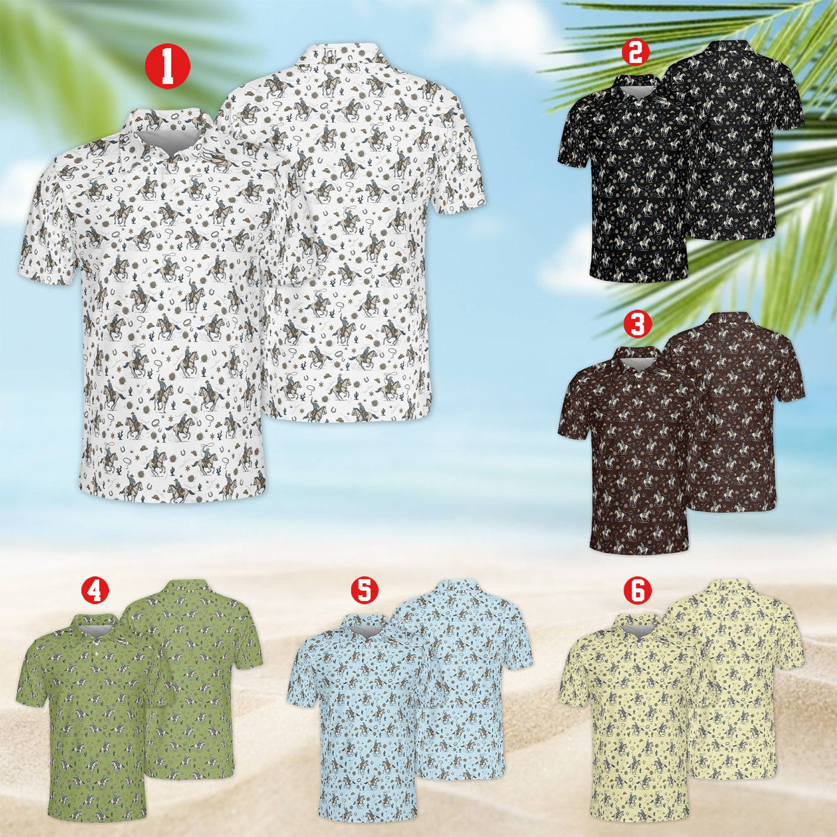 Multicolor western polo shirt with frontier motifs, front view