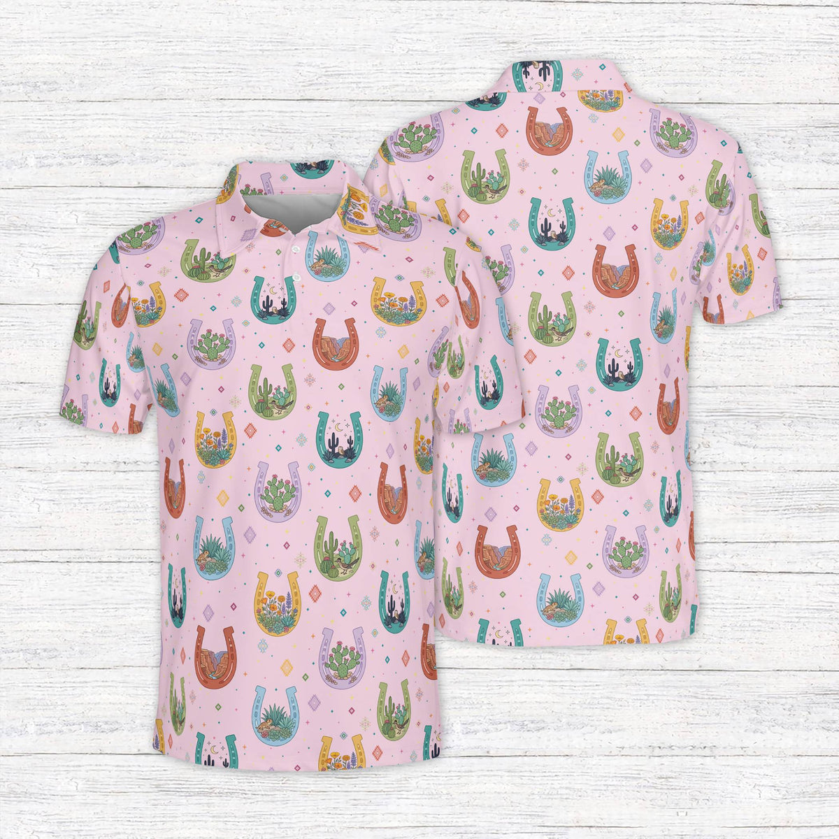 Western polo shirt featuring colorful horseshoes, pink front view