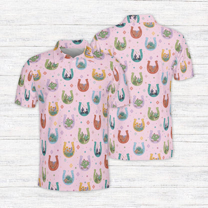 Western polo shirt featuring colorful horseshoes, pink front view