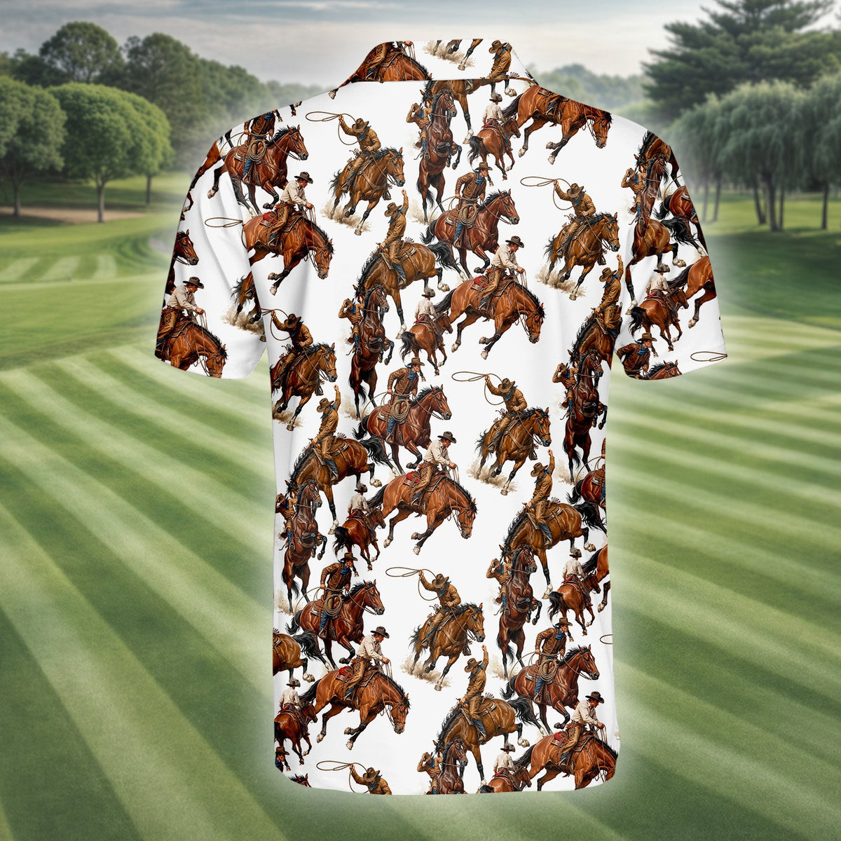 Back view of the western rodeo polo shirt showing the continuous pattern
