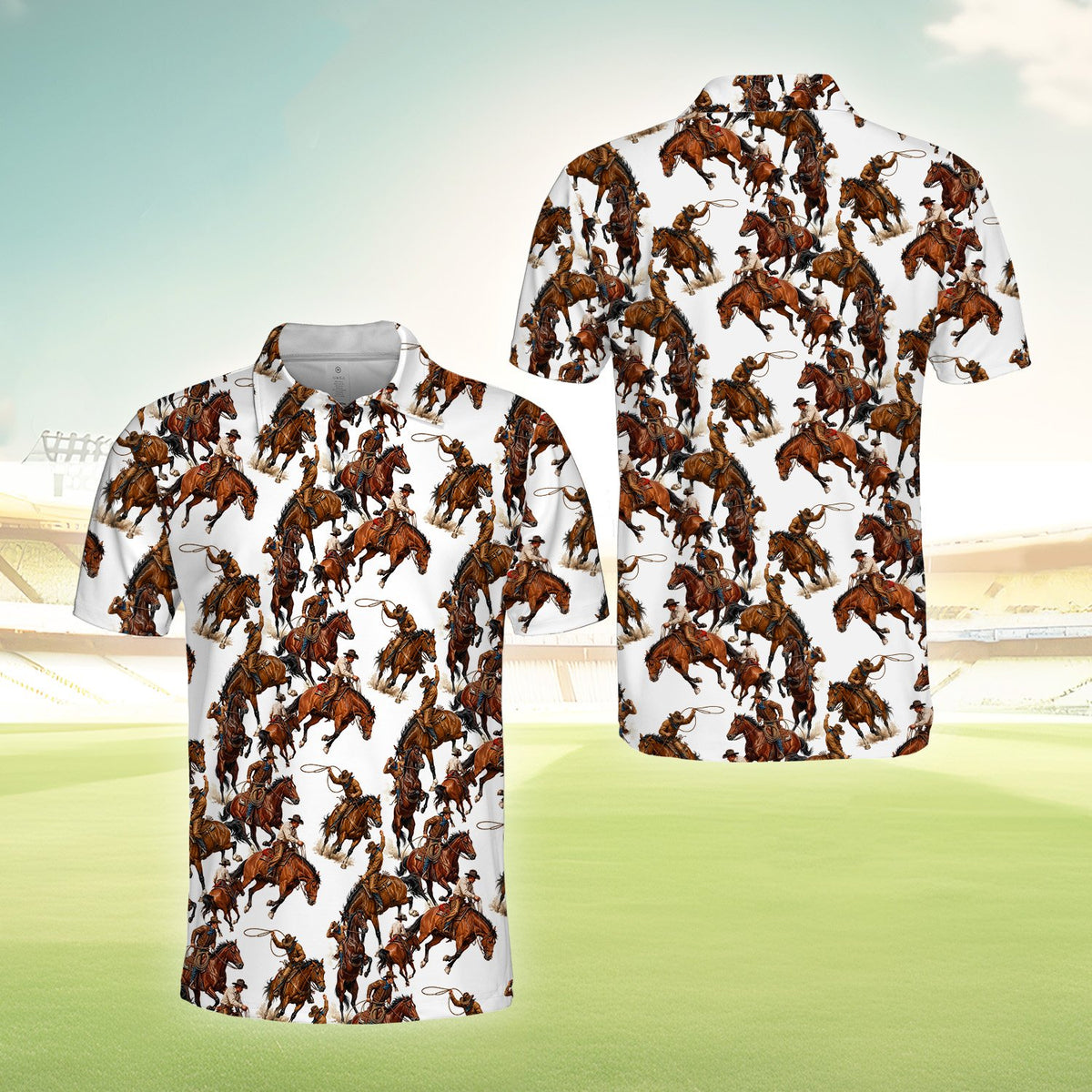 Close-up front view of the polo shirt collar and western pattern details