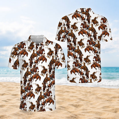 Another front angle of the white western polo shirt showing the sleeve design