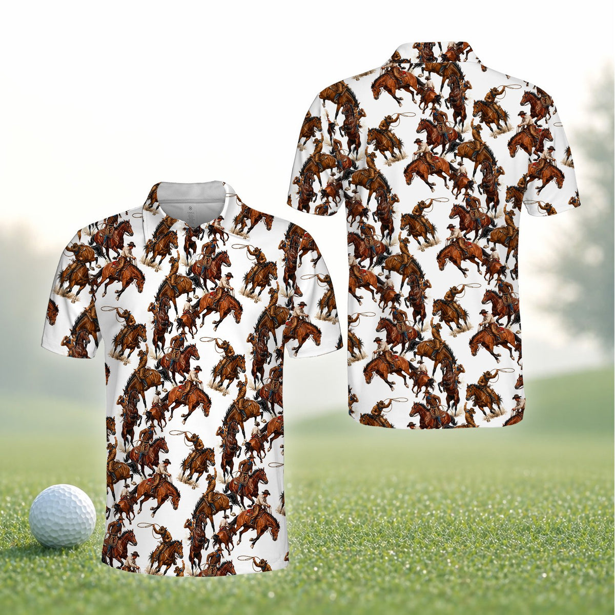 Detailed front view of the polo shirt highlighting the horseback rider illustrations