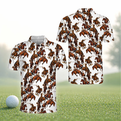 Detailed front view of the polo shirt highlighting the horseback rider illustrations