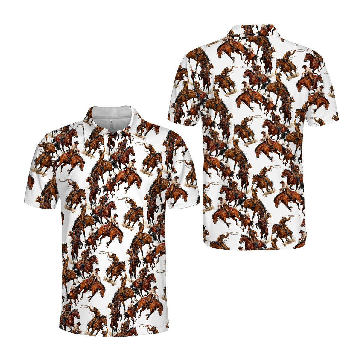 Alternative front view of the rodeo-themed white polo shirt
