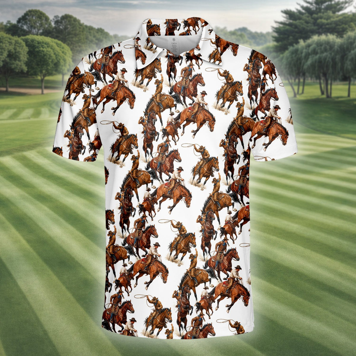 Additional front detail shot of the white polo shirt with brown rancher designs