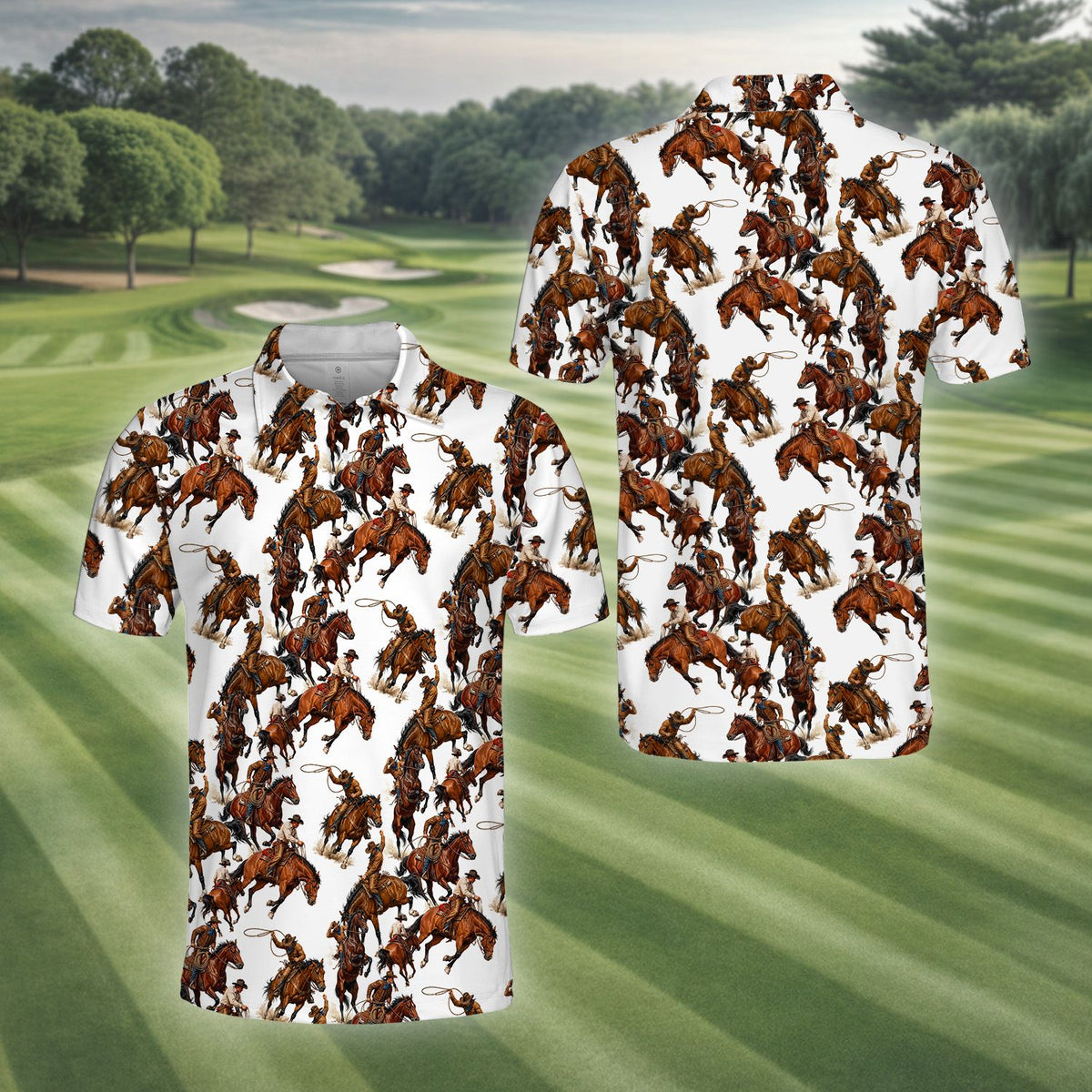 Western rodeo polo shirt featuring brown horse rider illustrations on a white background, main view