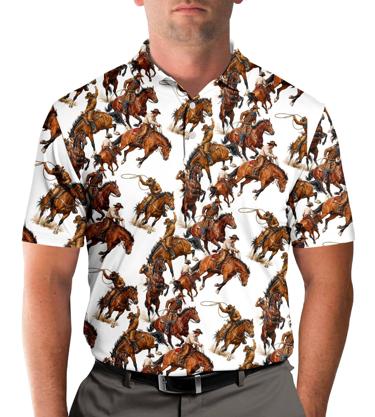 Lifestyle view of a person wearing the white western rodeo polo shirt