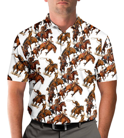 Lifestyle view of a person wearing the white western rodeo polo shirt