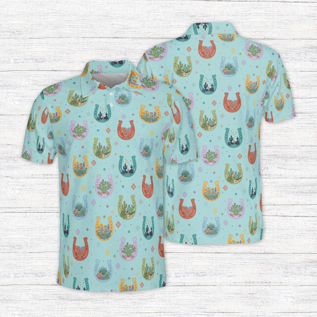 Polo western shirt featuring colorful horseshoes, teal front view