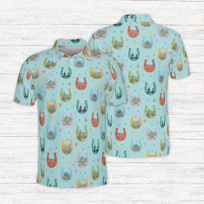Polo western shirt featuring colorful horseshoes, teal front view