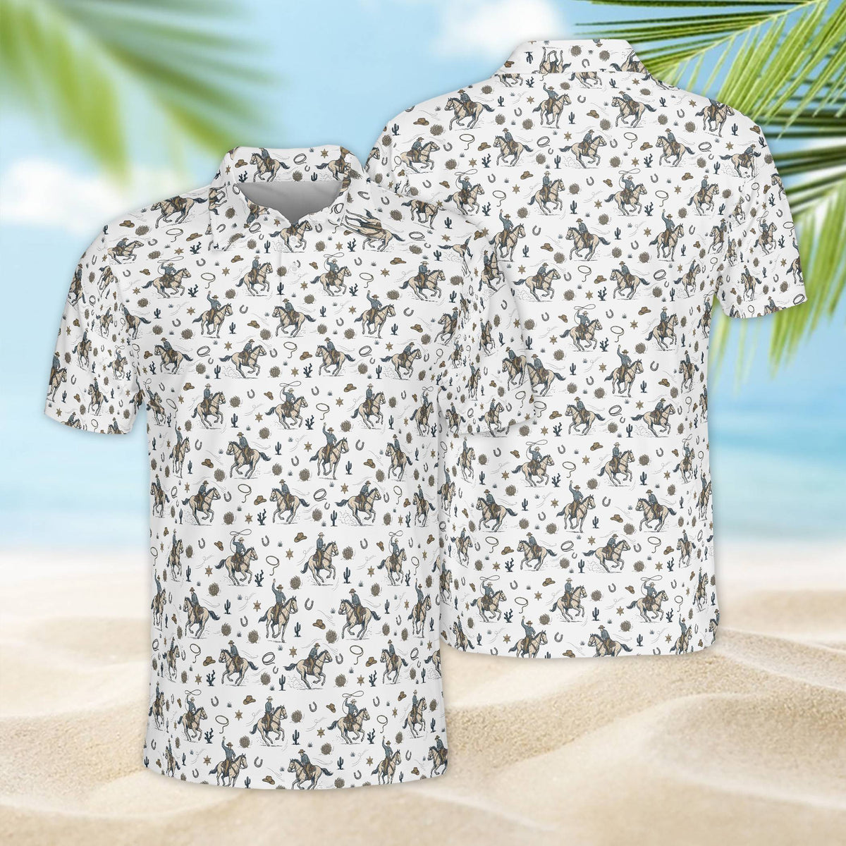 White western polo shirt with frontier motifs like cacti and horseshoes, front view
