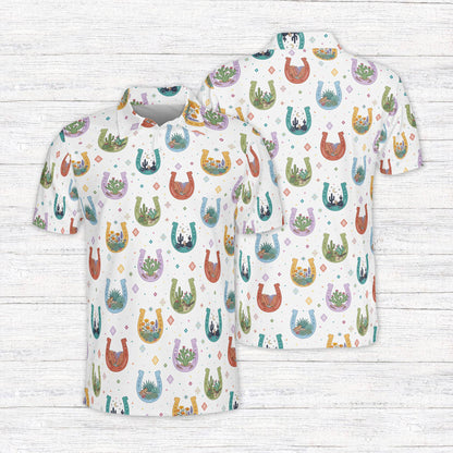 Polo western denim shirt style featuring colorful horseshoes and desert scenes, main white front view