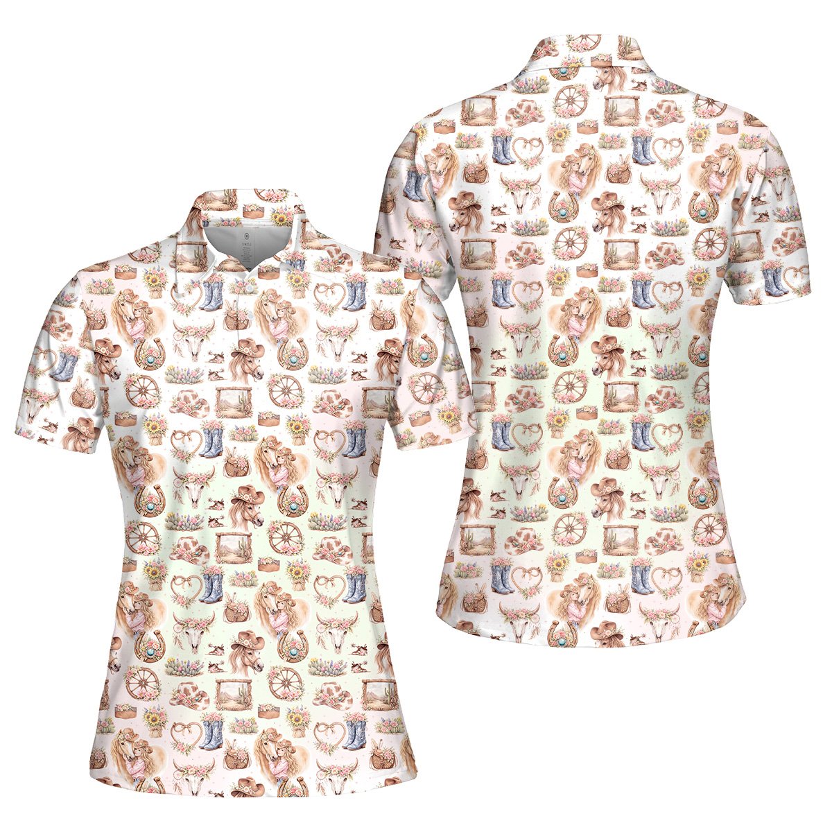 Women's western polo shirt with pastel horse and boot pattern, main view