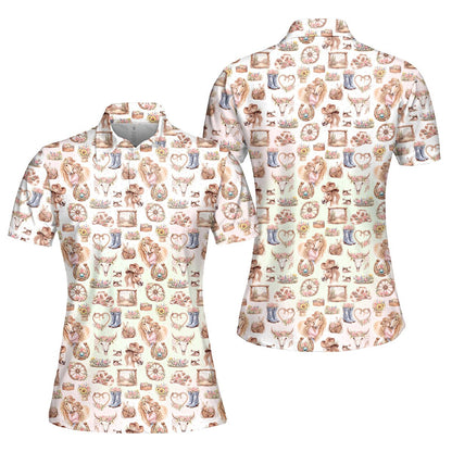 Women's white polo shirt with western print, front view