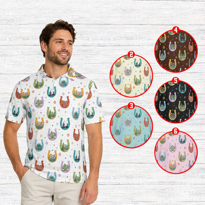 Polo western denim shirt style featuring colorful horseshoes, white lifestyle view