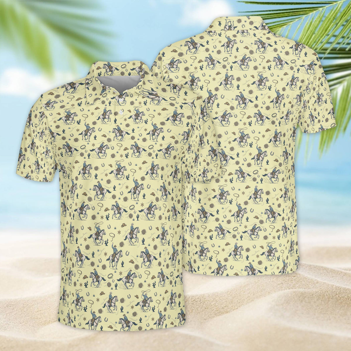 Yellow western polo shirt with frontier motifs, front view