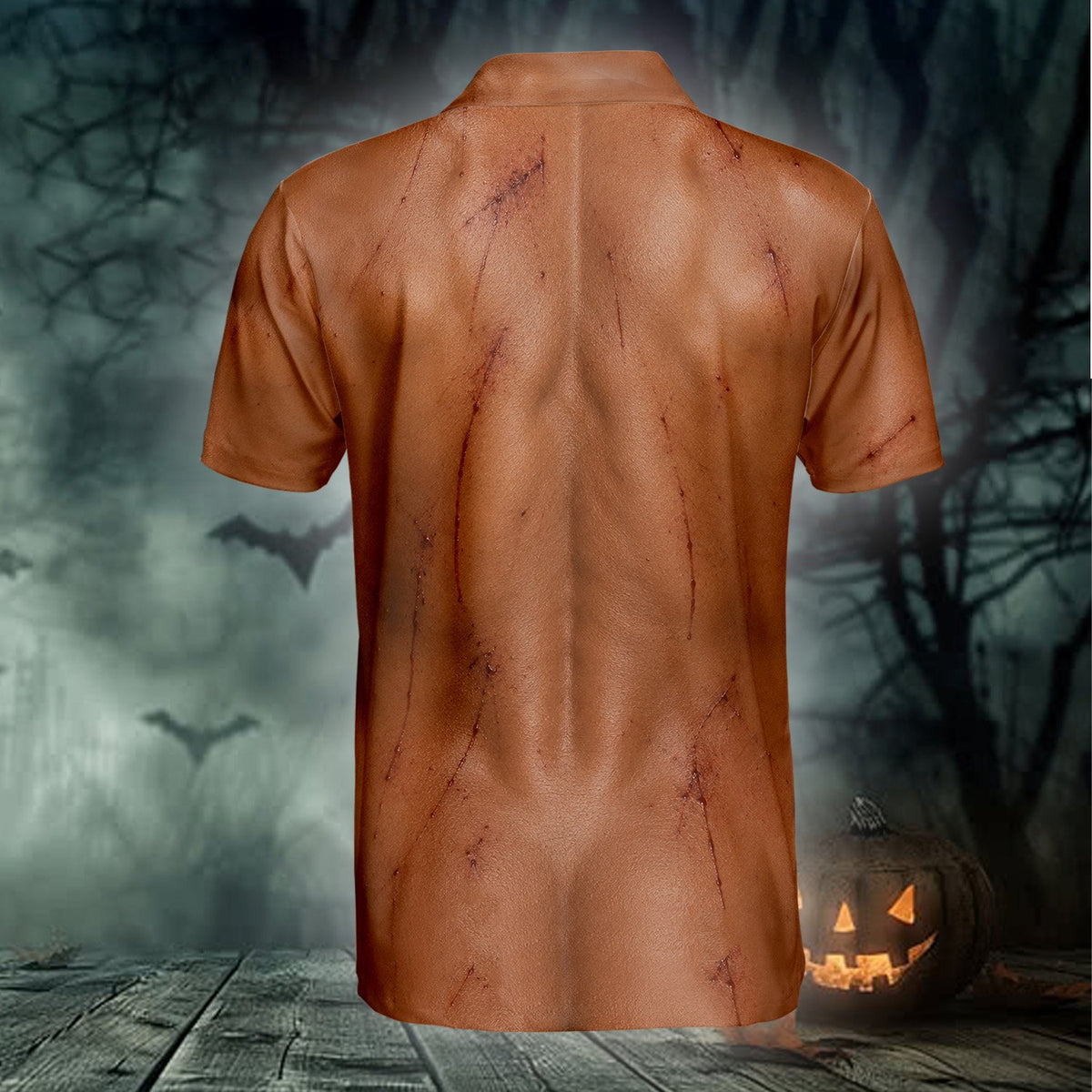 Zombie polo shirt back view with bruised muscular design
