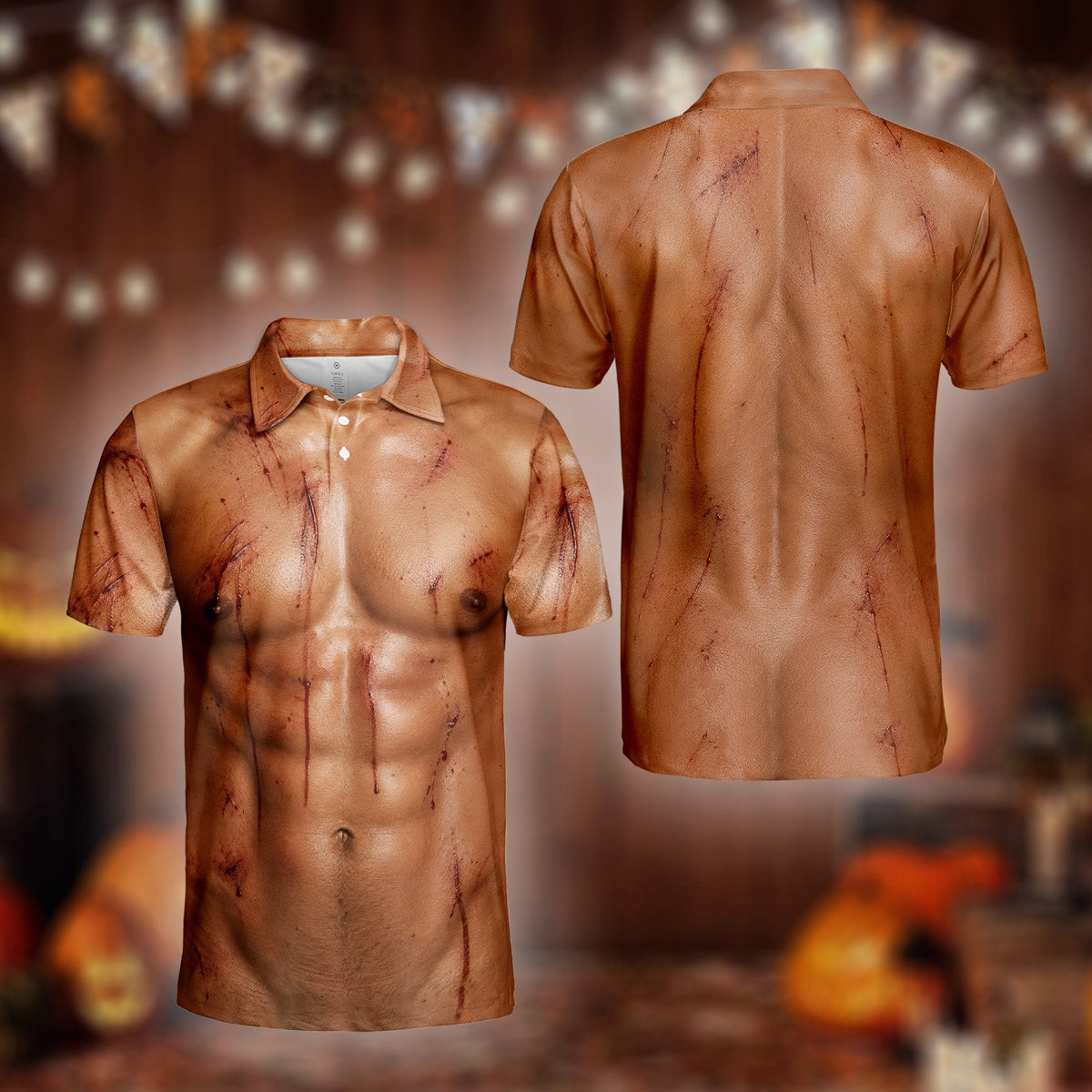 Brown horror polo shirt front view close-up